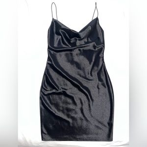 Brand New Cowl Neck Satin Effect Mini Dress - Black
